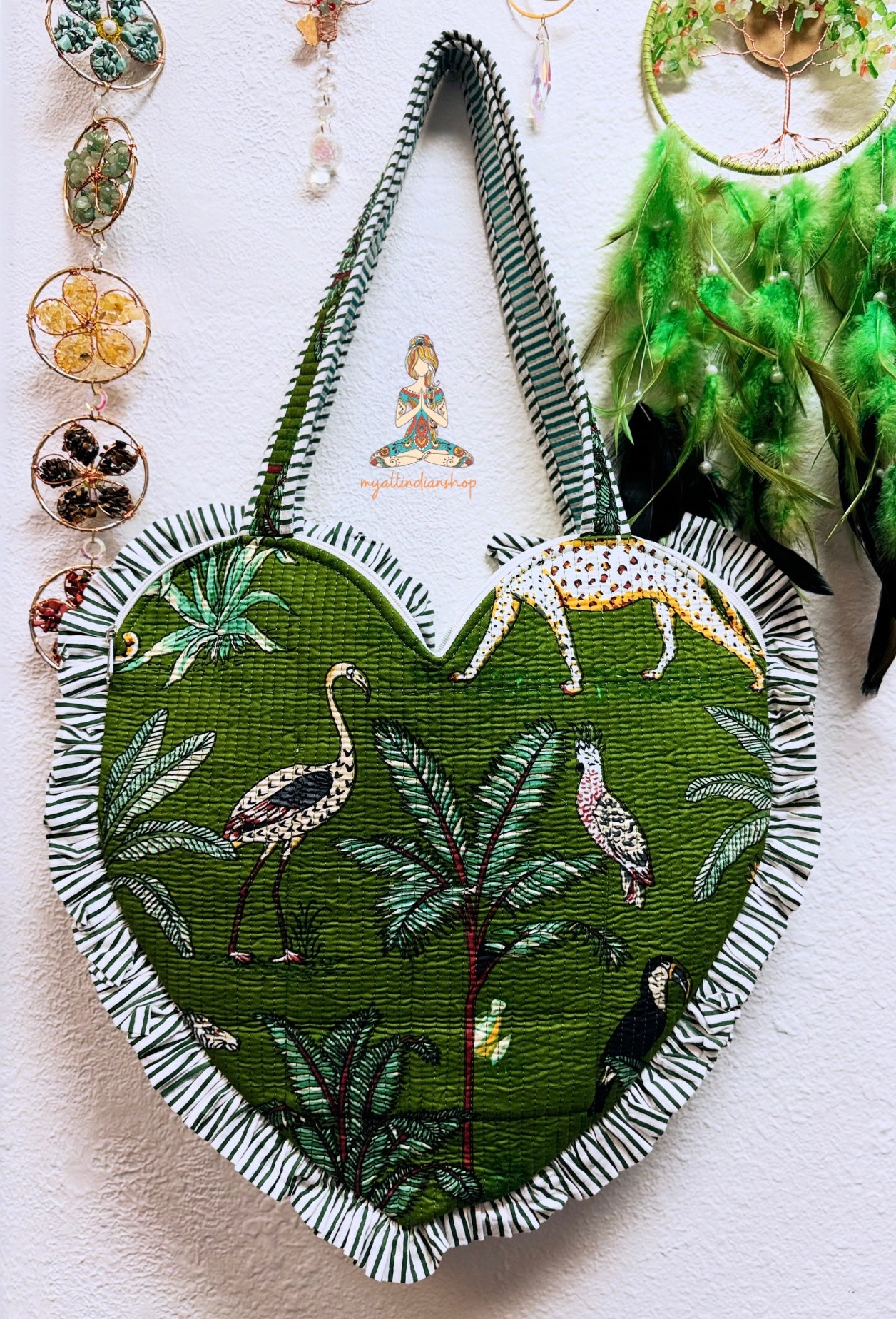 Heart Quilted Tote- Jungle Print - Green - Zipper - Pocket
