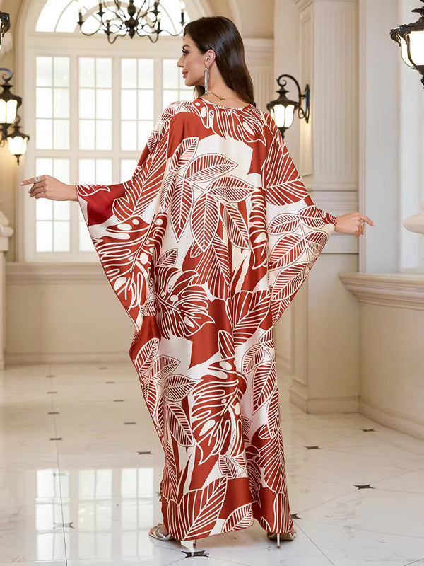 Terra Leaf Breeze Kaftan – Earthy Print, Free Size