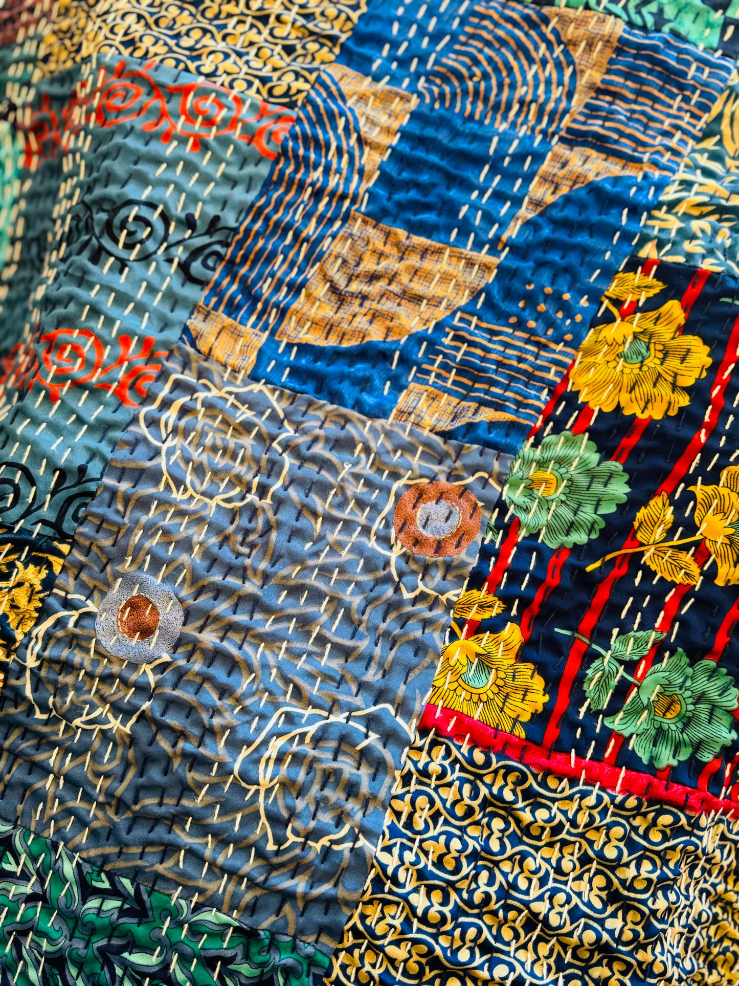 Silk Patchwork Kantha - Blue- Queen/ King