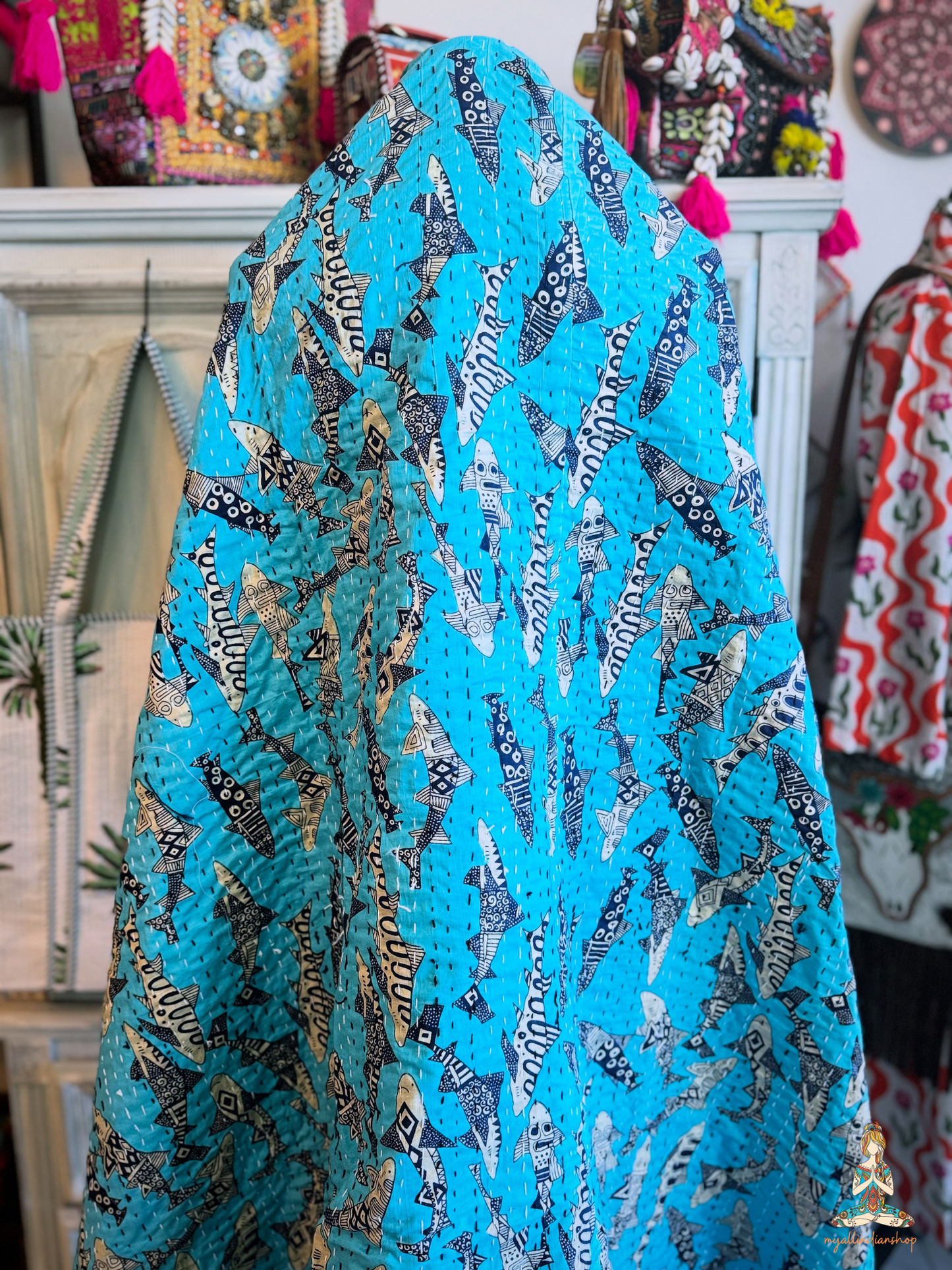 Turquoise Shark Print Kantha Quilt | Cotton Lightweight Blanket | Throw/Twin Size