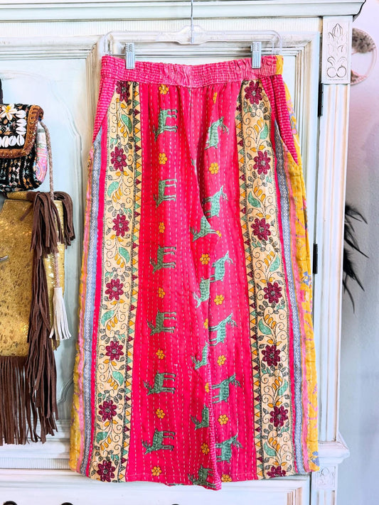 Deer Parade – Handmade Kantha Cotton Pants | Wide Leg Boho Trousers