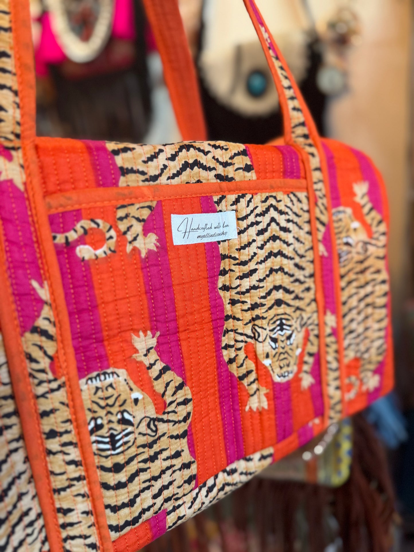 Safari Stripe Weekender – Handmade Quilted Cotton Duffle | Tiger Print Travel Bag
