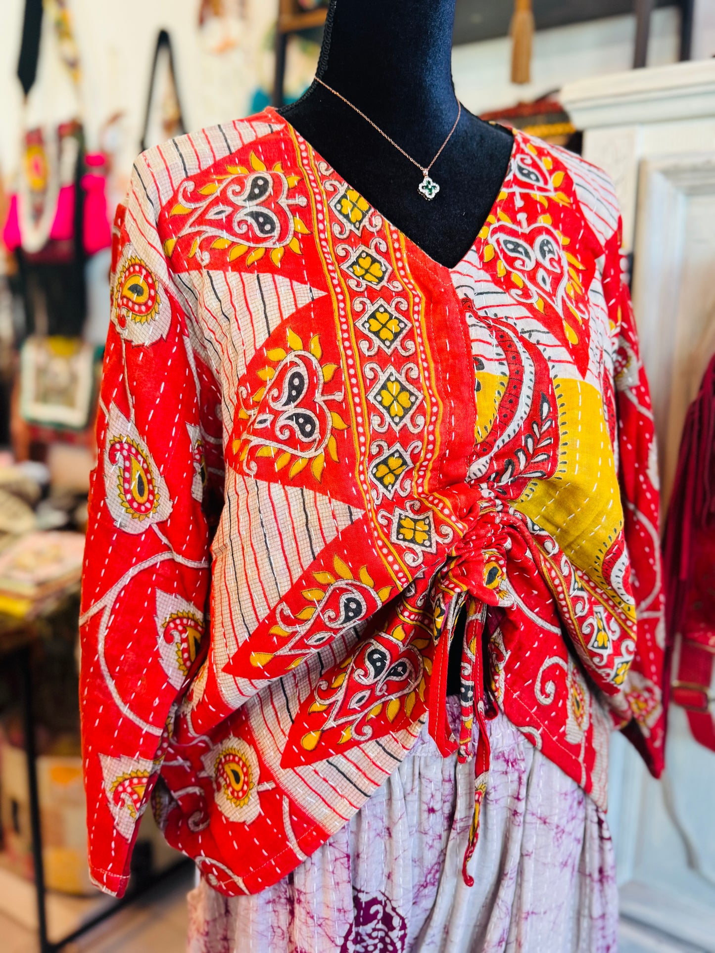 Crimson Mosaic Butterfly 2-Way Top – Handmade | 100% Cotton Boho Blouse