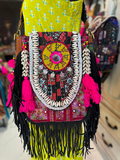 Boho Embroidered Shell Bag | Handmade Fringe Purse with Tassels & Mirror Work