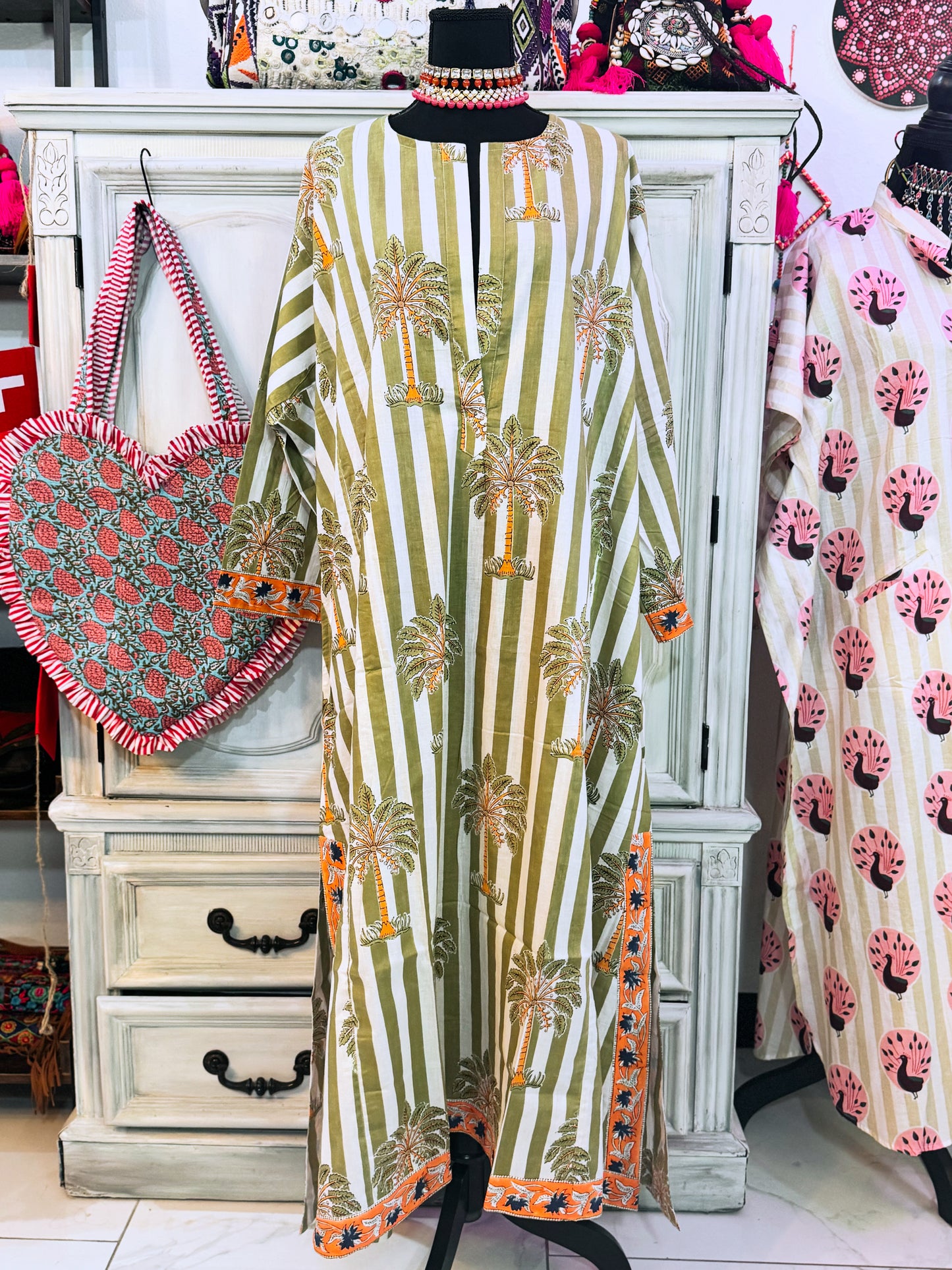 Palm Grove Olive Heritage Cotton Maxi Dress – Hand Block Printed Women’s Dress with Pockets