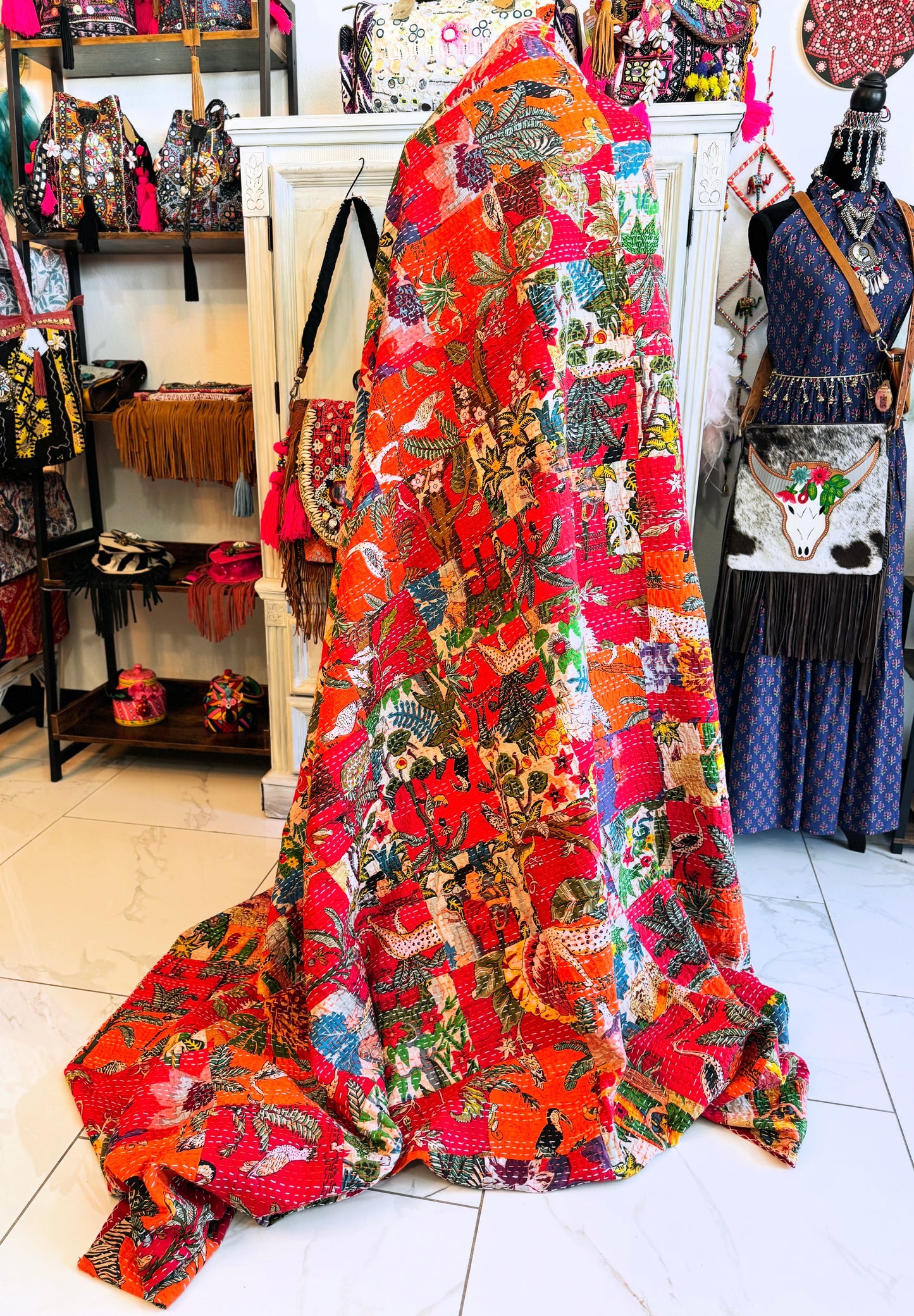 Red Patchwork Kantha Quilt | 100+ Patches | Solid Cotton Back | Queen Size 90x105 Handmade