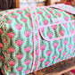 Handmade Quilted Weekender Bag – Pink Floral Block Print – Green