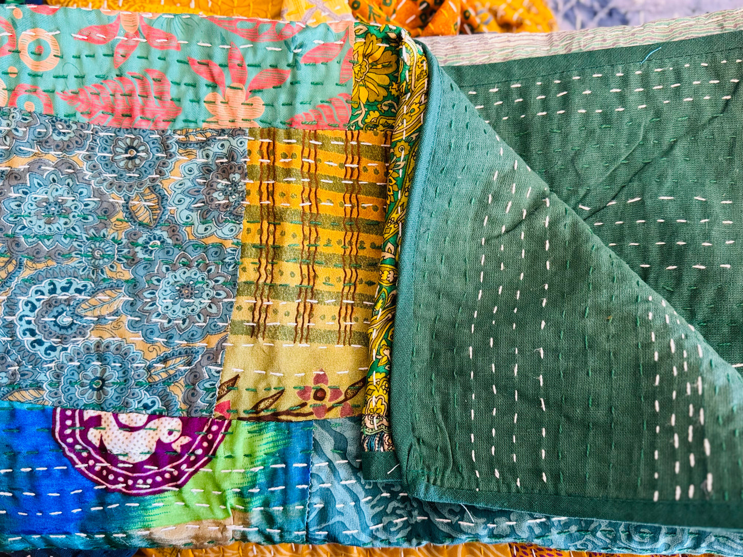 Silk Patchwork Kantha - Green-Queen/ King