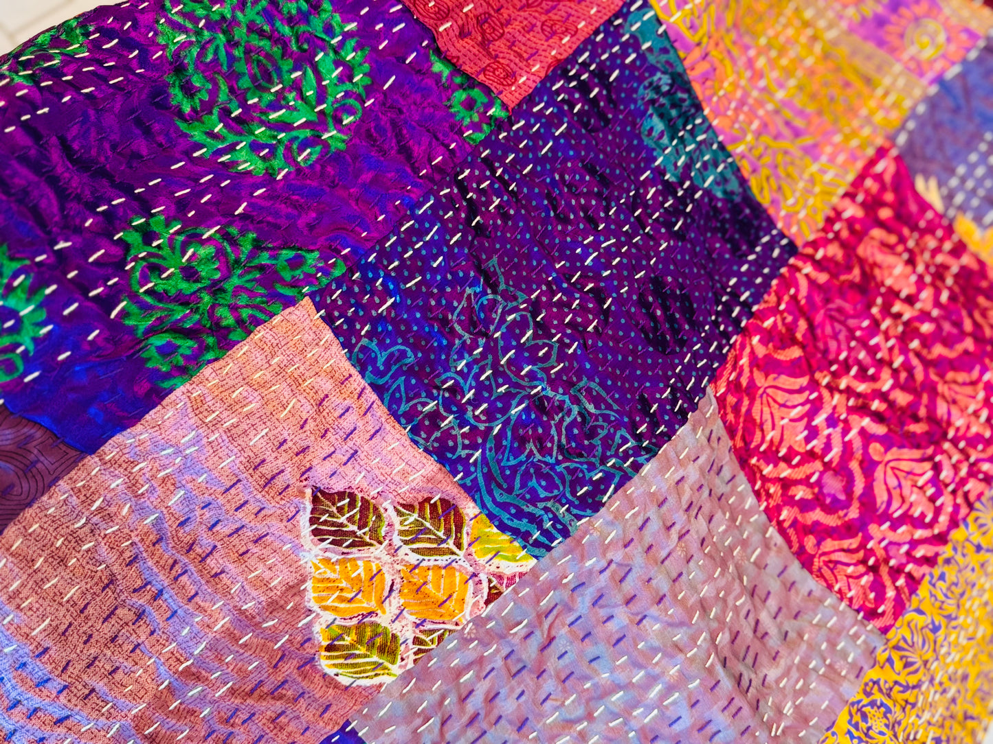 Silk Patchwork Kantha - Purple -Queen/ King