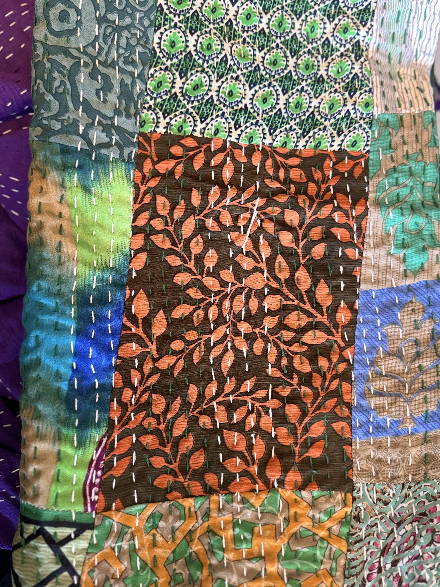 Silk Patchwork Kantha - Green-Queen/ King