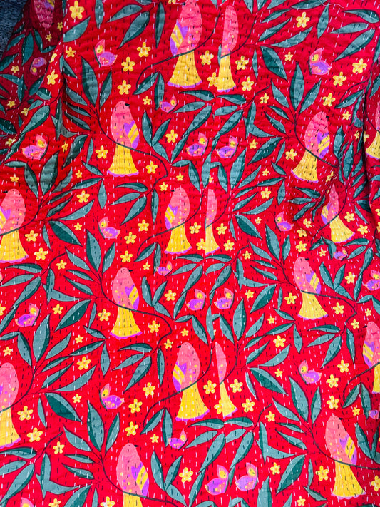 Sparrow Song – Red Handblock Printed Kantha Quilt – 100% Cotton | Handmade
