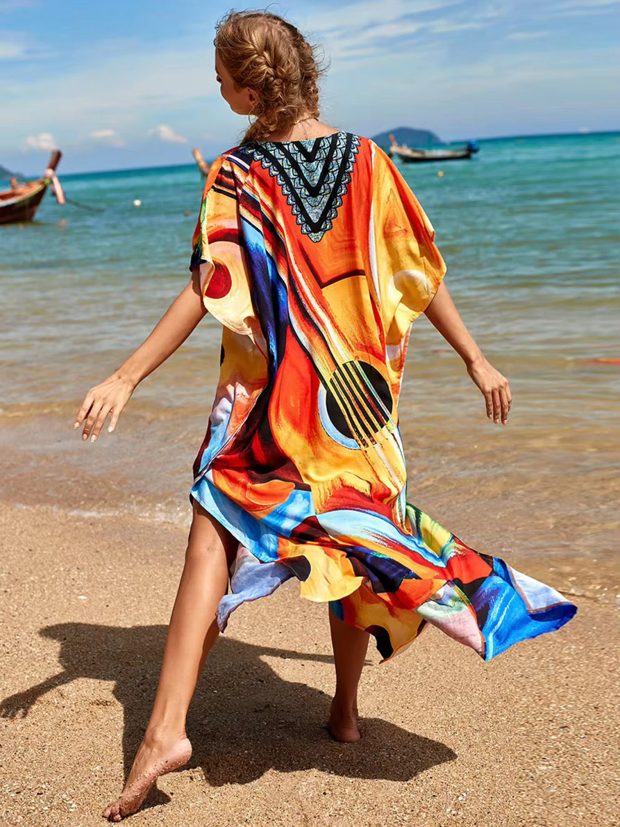 Backside of the guitar kaftan dress with side slits and vneck by myallindianshop
