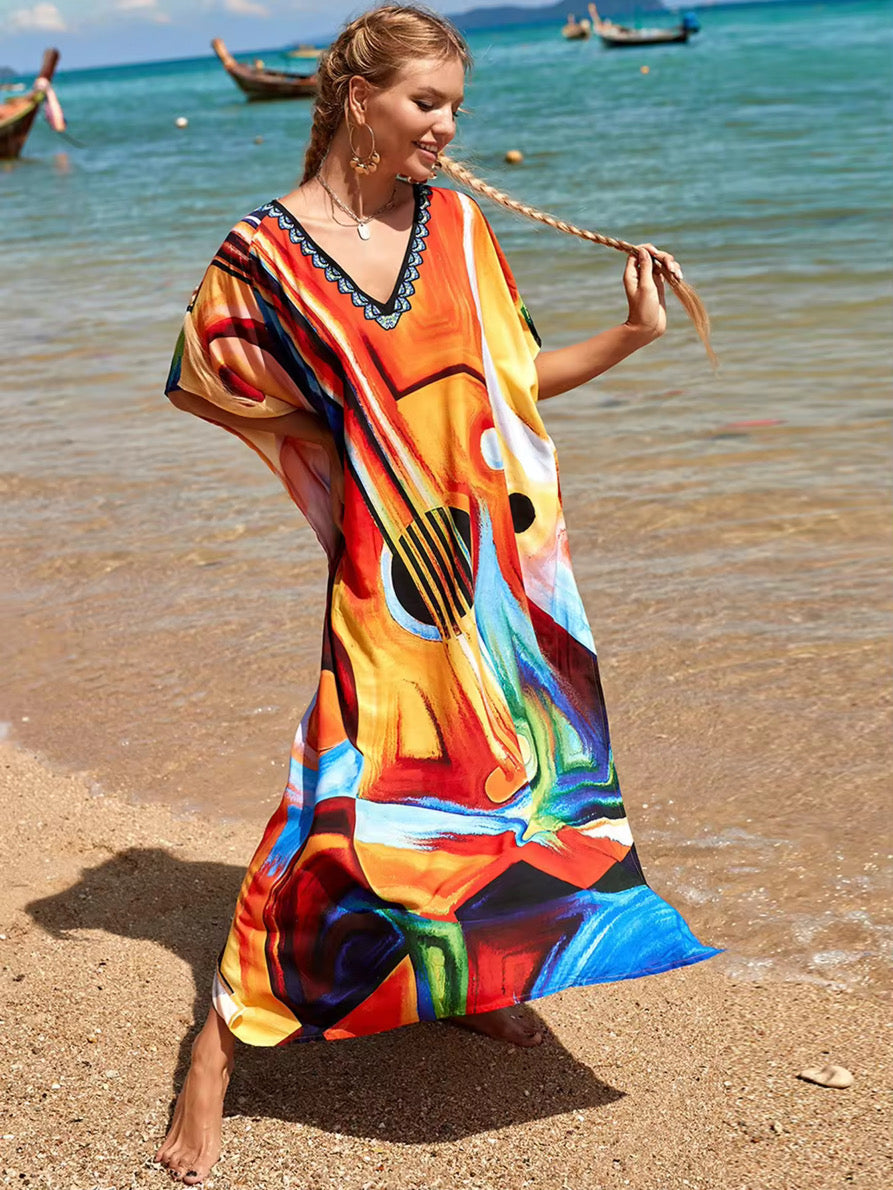 A long kaftan dress with Guitar print