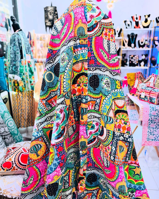 Boho Print - Handmade Patchwork Kantha Quilt - 100% Cotton Blanket