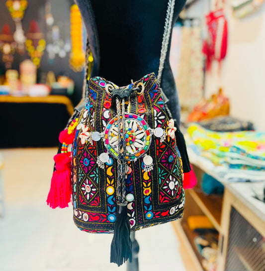 Bohemian Potli Bag | Handmade Embroidered Mirror Work Purse with Tassels