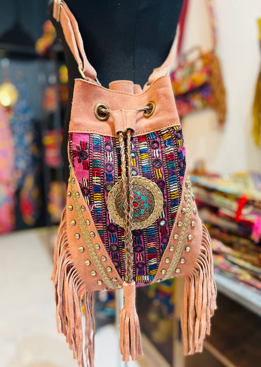 Leather Potli Bag | 100% Genuine Leather with Embroidery, Tassel & Adjustable Strap