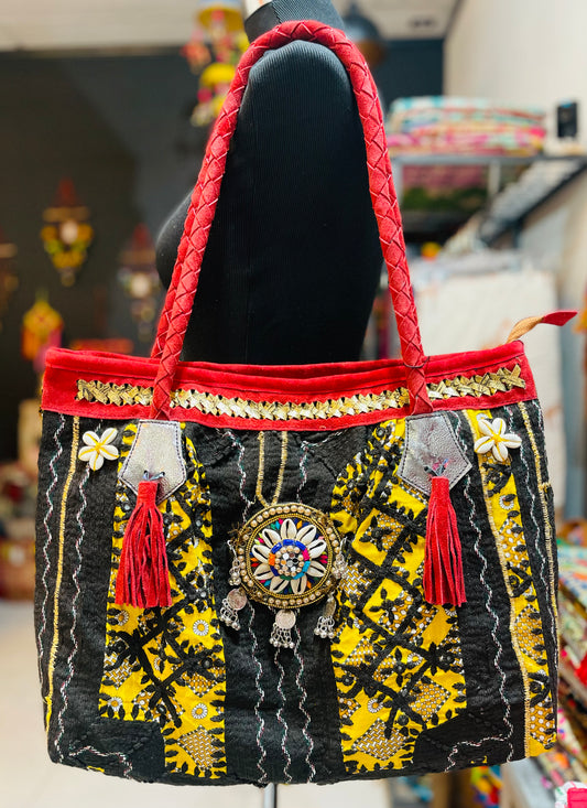 Tribal Embroidered Leather Tote Bag – Midnight Muse | Handmade Boho Shoulder Bag