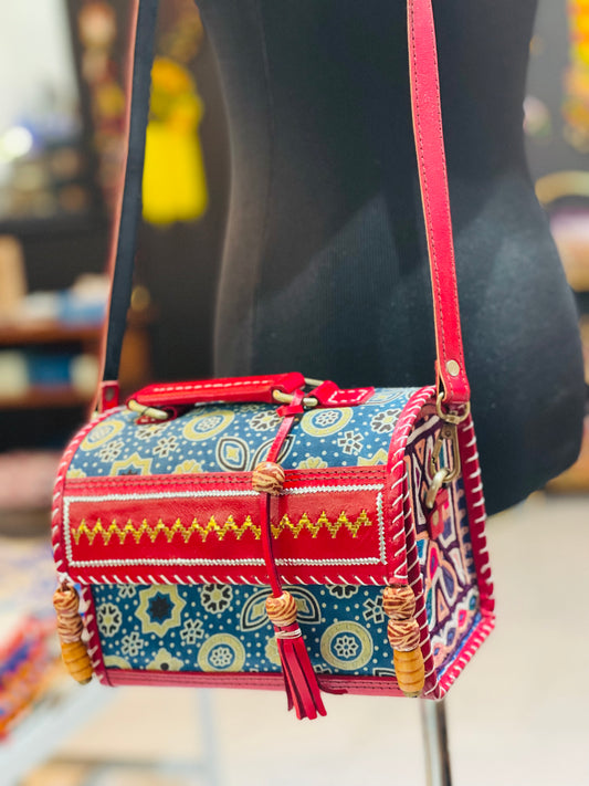 Box Shoulder Bag | Handmade Silk & Leather Patchwork Purse with Tassel