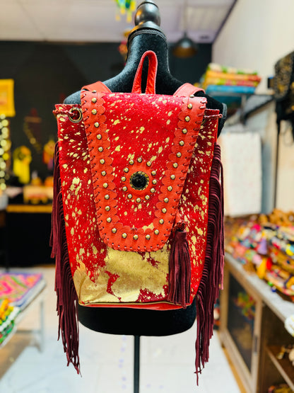Cowhide Leather Backpack | Handmade Fringed Boho Bag | Unisex