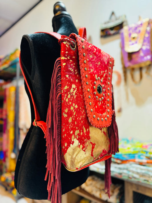 Cowhide Leather Backpack | Handmade Fringed Boho Bag | Unisex