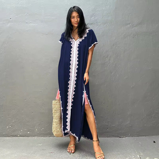 Lace & Tassels Kaftan in Blue with Lace and Tassels with slits