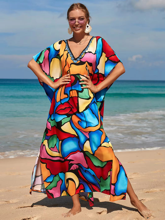 Colorful Kaftan with Lips in the design - fun and flowy