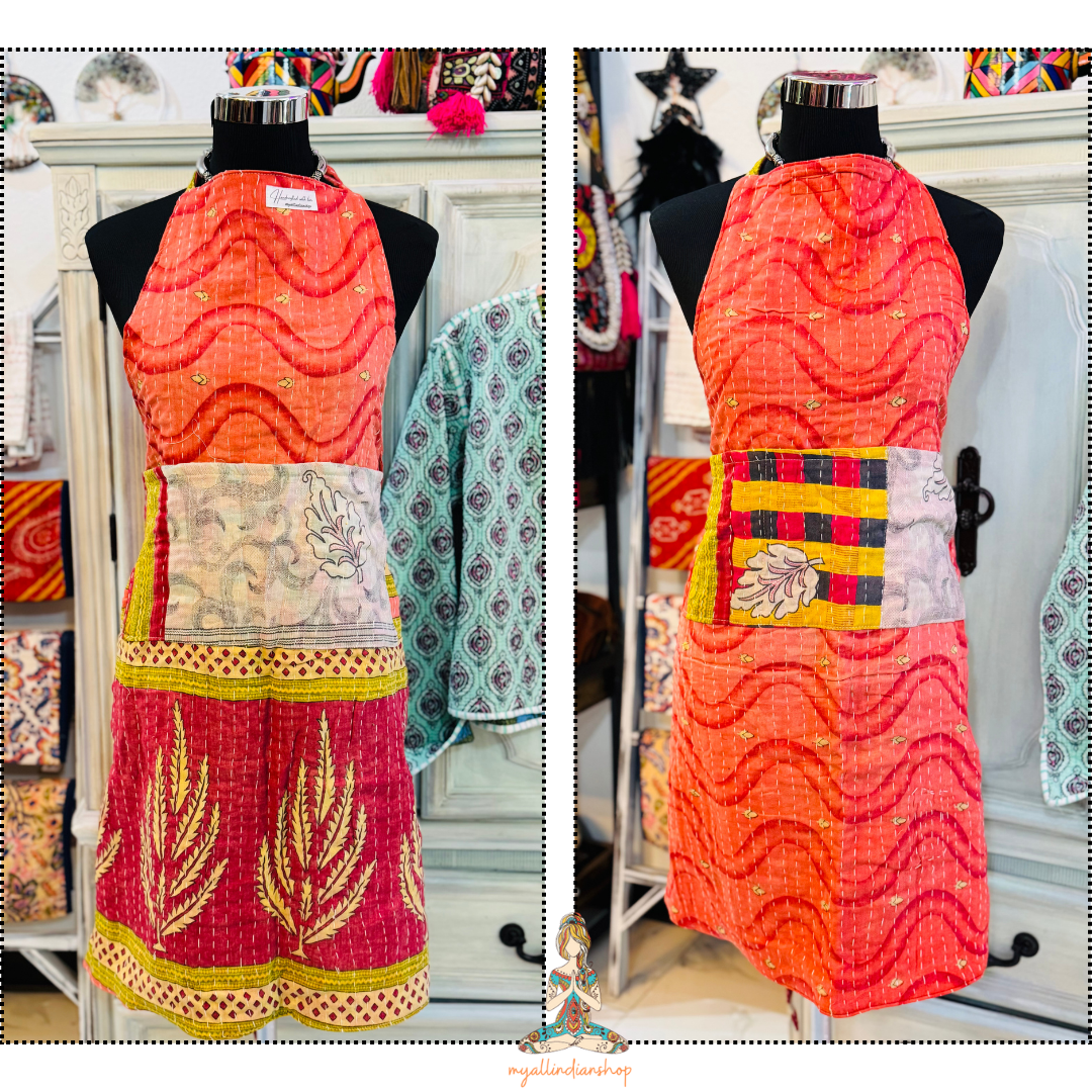 White Leaf Reversible kantha apron with soft white leaf patter on the pockets