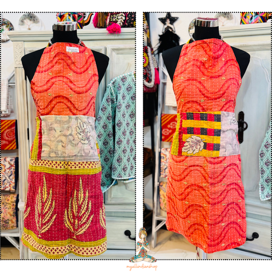 White Leaf Reversible kantha apron with soft white leaf patter on the pockets