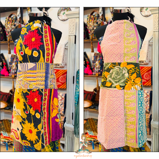Rose Kantha Apron- Reverisble - 100% ctton sarees - 3 pockets on each side with long straps