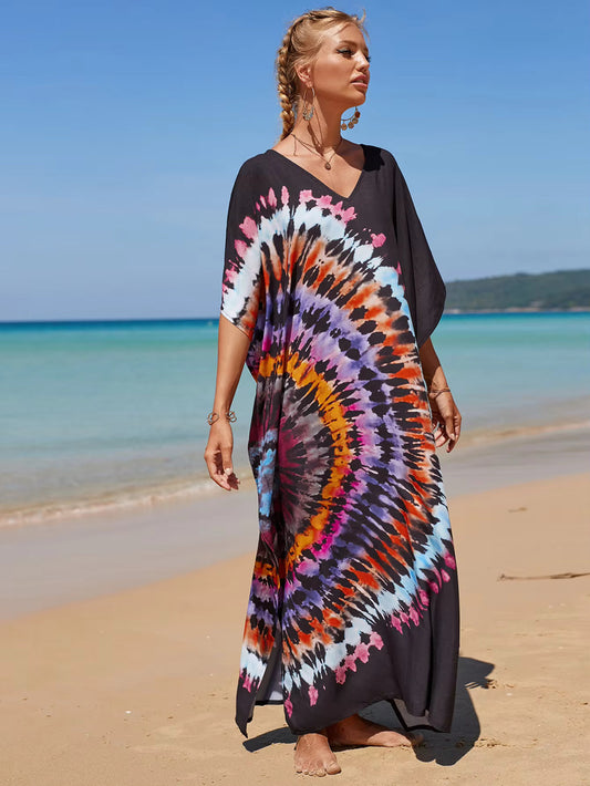 Sideflare kaftan dress with tiedye look on black - side slits
