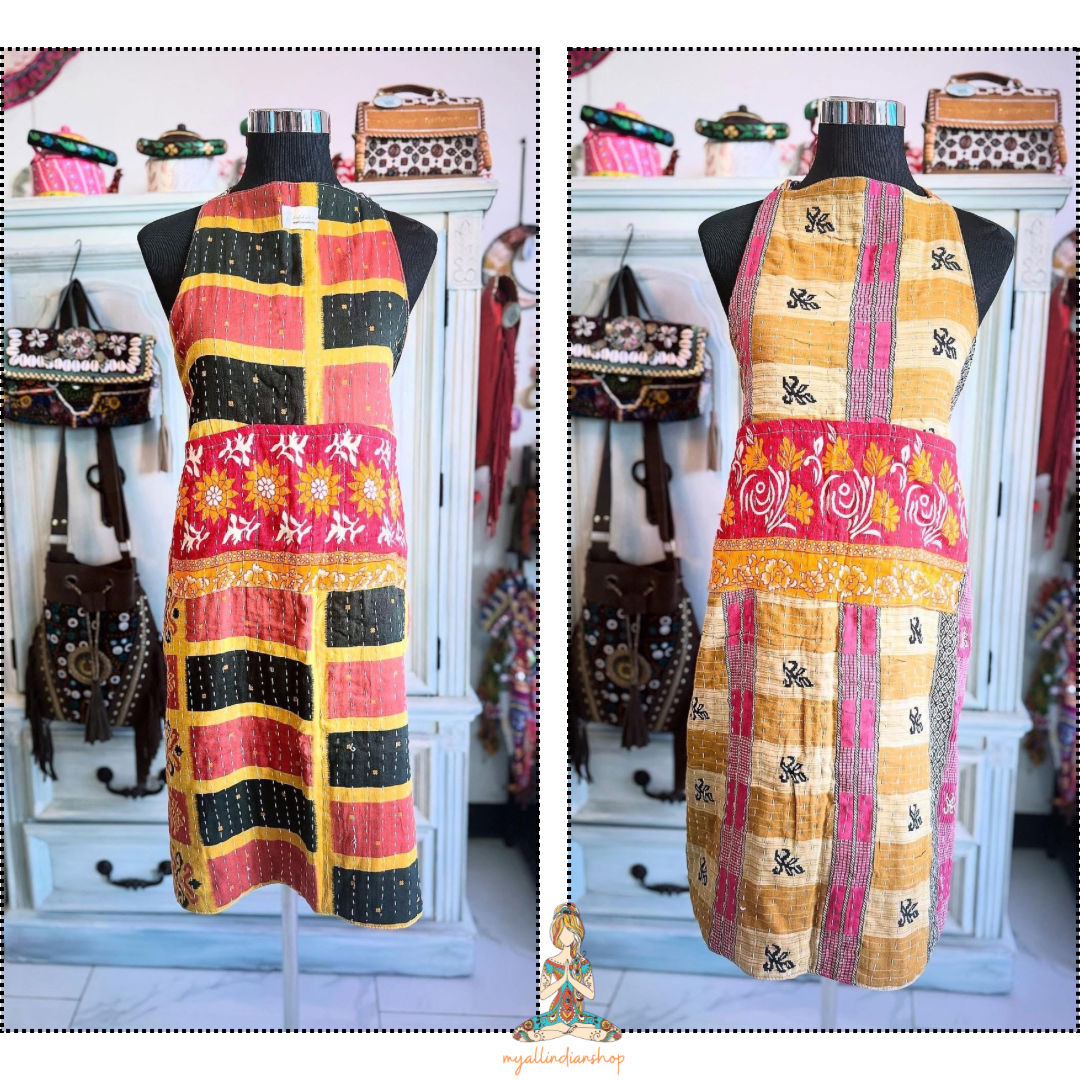 Sunset Grid kantha apron showing both sides - square grid and floral circle patterns