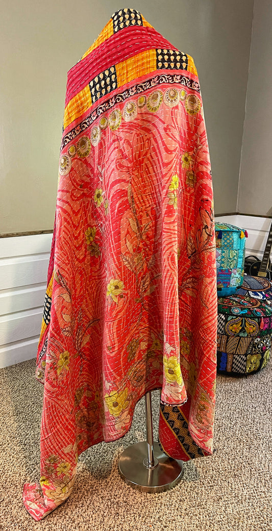 Pink and Yellow Saree Kantha